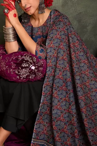 Floral Printed Round Neck Cotton Straight Kurta With Trousers & Dupatta