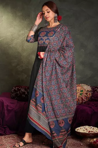 Floral Printed Round Neck Cotton Straight Kurta With Trousers & Dupatta