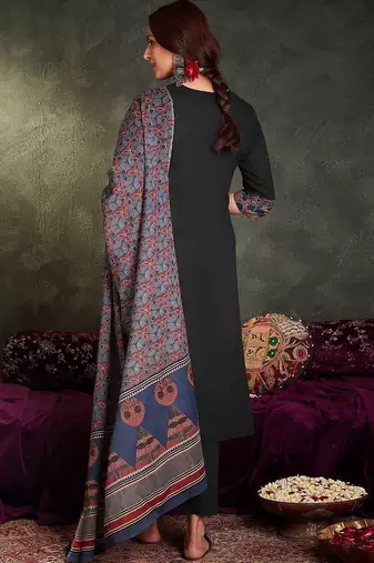 Floral Printed Round Neck Cotton Straight Kurta With Trousers & Dupatta