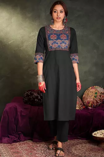 Floral Printed Round Neck Cotton Straight Kurta With Trousers & Dupatta