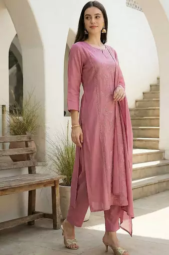 Women Ethnic Motifs Embroidered Regular Thread Work Kurta with Trousers & With Dupatta