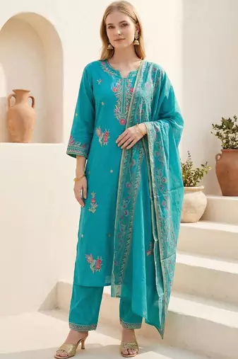 Women Floral Embroidered Regular Thread Work Kurta with Trousers & With Dupatta