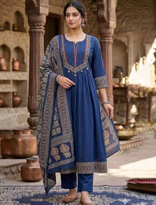 Women Ethnic Motifs Printed Pleated Thread Work  Cotton Kurta with Trousers & With Dupatta 1