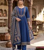 Women Ethnic Motifs Printed Pleated Thread Work  Cotton Kurta with Trousers & With Dupatta