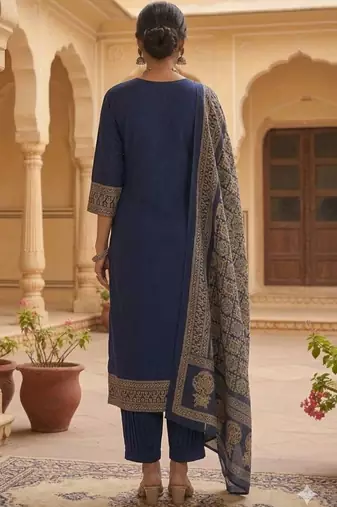 Women Ethnic Motifs Printed Pleated Thread Work  Cotton Kurta with Trousers & With Dupatta