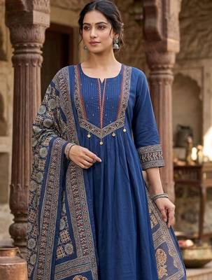 Women Ethnic Motifs Printed Pleated Thread Work  Cotton Kurta with Trousers & With Dupatta 4