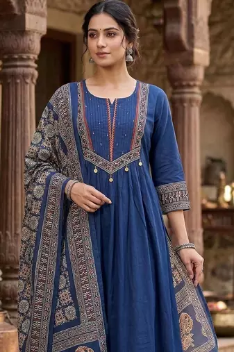 Women Ethnic Motifs Printed Pleated Thread Work  Cotton Kurta with Trousers & With Dupatta