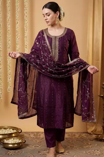 Women Ethnic Motifs Embroidered Regular Sequinned Kurta with Trousers & With Dupatta