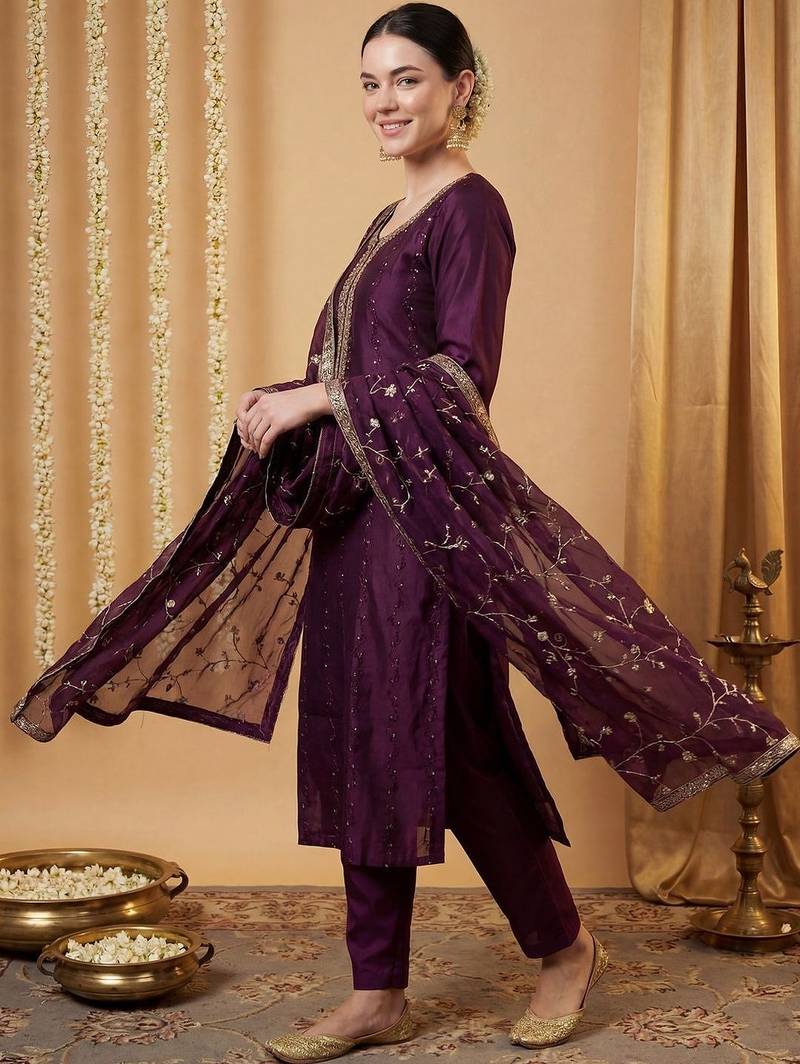 Women Ethnic Motifs Embroidered Regular Sequinned Kurta with Trousers & With Dupatta