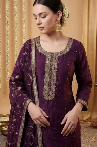 Women Ethnic Motifs Embroidered Regular Sequinned Kurta with Trousers & With Dupatta
