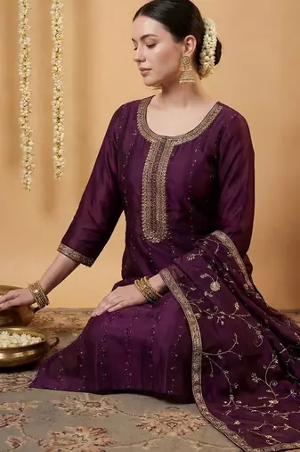 Women Ethnic Motifs Embroidered Regular Sequinned Kurta with Trousers & With Dupatta