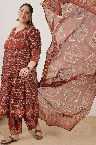 Plus Size Maroon Printed A-Line Kurta Trousers With Dupatta Set