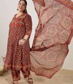 Plus Size Maroon Printed A-Line Kurta Trousers With Dupatta Set