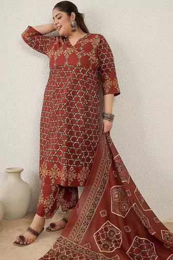 Plus Size Maroon Printed A-Line Kurta Trousers With Dupatta Set