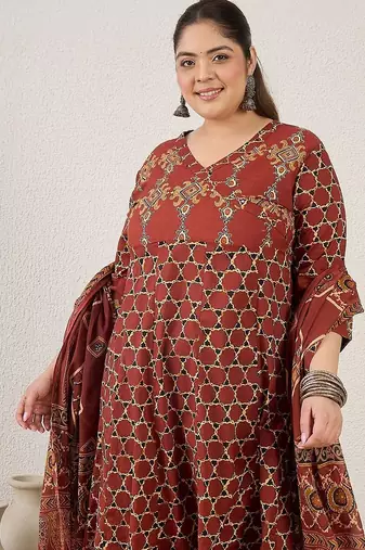 Plus Size Maroon Printed A-Line Kurta Trousers With Dupatta Set