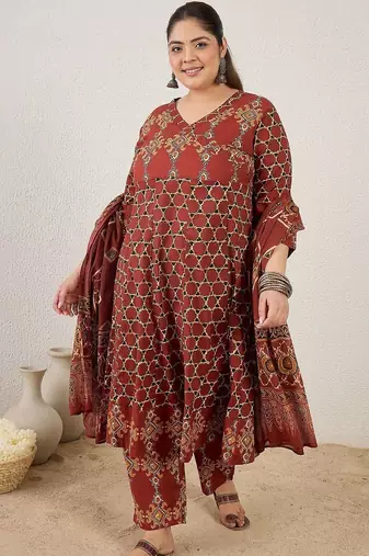 Plus Size Maroon Printed A-Line Kurta Trousers With Dupatta Set