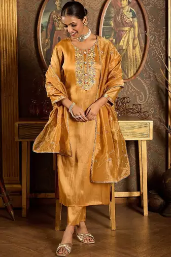 Floral Embroidered Thread Work Liva Straight Kurta with Trouser & Dupatta