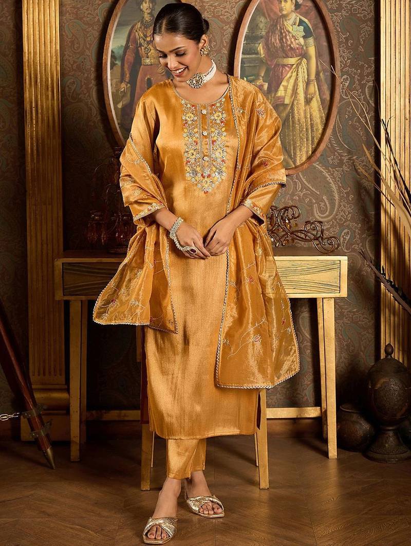 Floral Embroidered Thread Work Liva Straight Kurta with Trouser & Dupatta