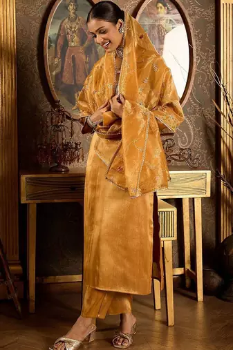 Floral Embroidered Thread Work Liva Straight Kurta with Trouser & Dupatta
