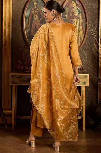 Floral Embroidered Thread Work Liva Straight Kurta with Trouser & Dupatta