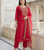 Women Ethnic Motifs Embroidered Thread Work Liva Kurta with Trousers & With Dupatta