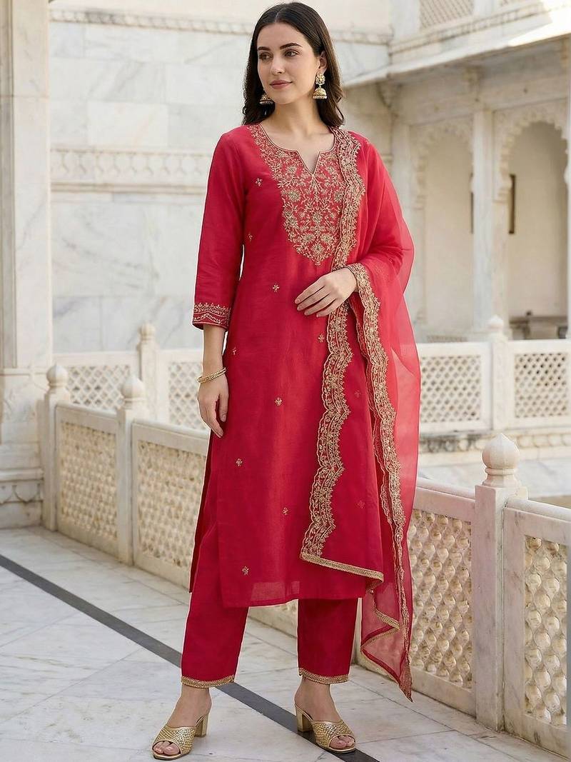Women Ethnic Motifs Embroidered Regular Thread Work Liva Kurta with Trousers & With Dupatta