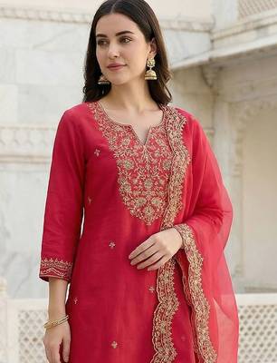 Women Ethnic Motifs Embroidered Regular Thread Work Liva Kurta with Trousers & With Dupatta 3