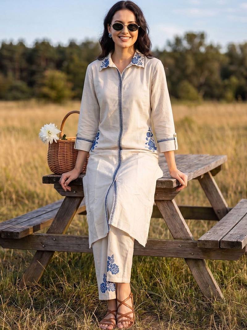 Women Floral Embroidered Regular Thread Work Pure Cotton Kurta with Trousers