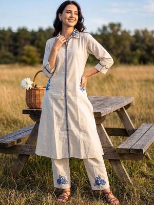 Women Floral Embroidered Regular Thread Work Pure Cotton Kurta with Trousers 1