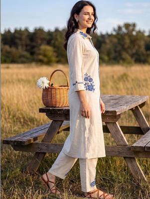Women Floral Embroidered Regular Thread Work Pure Cotton Kurta with Trousers 5