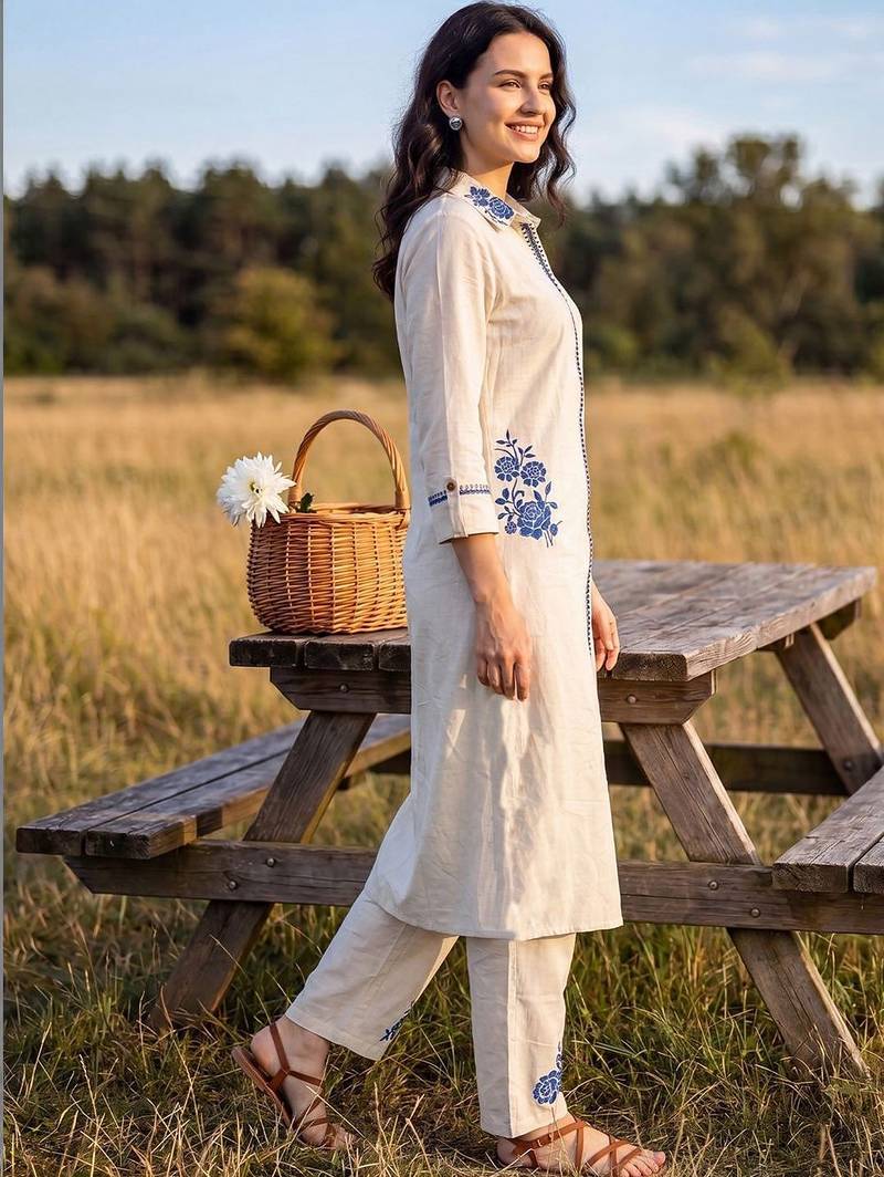 Women Floral Embroidered Regular Thread Work Pure Cotton Kurta with Trousers