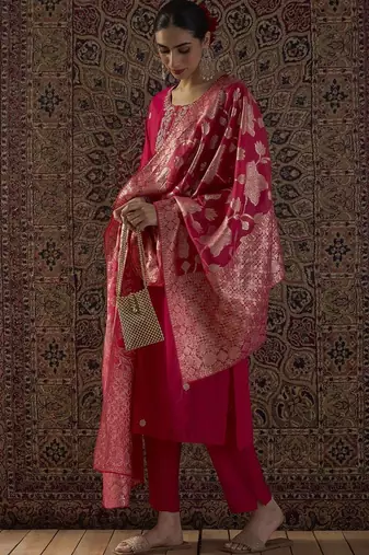 Ethnic Motifs Embroidered Straight Kurta With Trousers & Dupatta