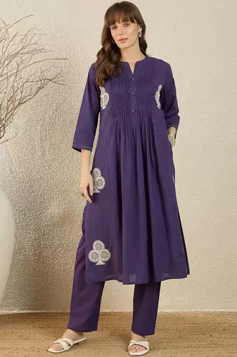 Women Ethnic Motifs Embroidered Pleated Thread Work  Cotton Kurta with Trousers