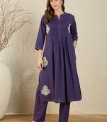 Women Ethnic Motifs Embroidered Pleated Thread Work  Cotton Kurta with Trousers