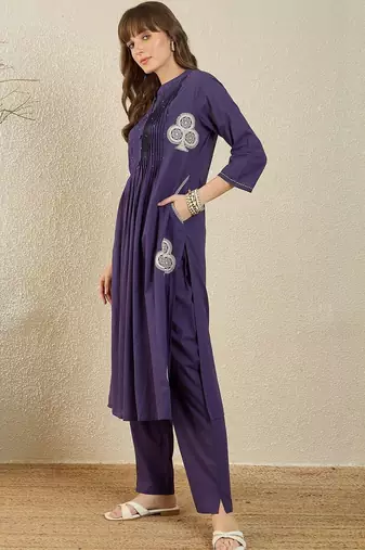 Women Ethnic Motifs Embroidered Pleated Thread Work  Cotton Kurta with Trousers