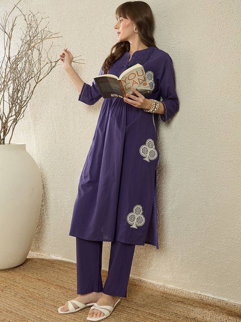 Women Ethnic Motifs Embroidered Pleated Thread Work  Cotton Kurta with Trousers