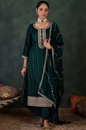 Women Ethnic Motifs Regular Sequinned Kurta with Trousers & With Dupatta