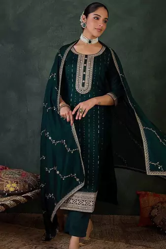 Women Ethnic Motifs Regular Sequinned Kurta with Trousers & With Dupatta