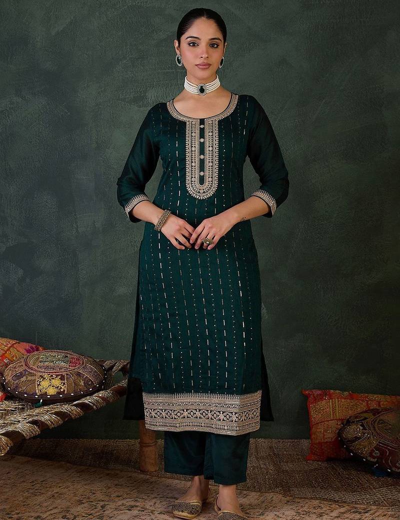 Women Ethnic Motifs Regular Sequinned Kurta with Trousers & With Dupatta