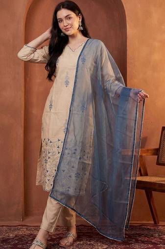 Women Ethnic Motifs Embroidered Thread Work Kurta with Trousers & With Dupatta