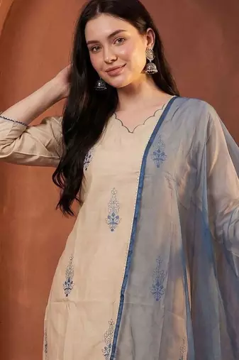 Women Ethnic Motifs Embroidered Regular Thread Work Kurta with Trousers & With Dupatta