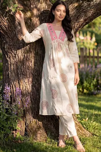 Women Ethnic Motifs Printed Regular Mirror Work  Cotton Kurta with Trousers