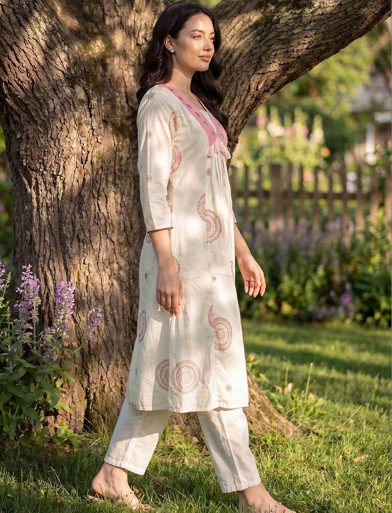 Women Ethnic Motifs Printed Regular Mirror Work  Cotton Kurta with Trousers