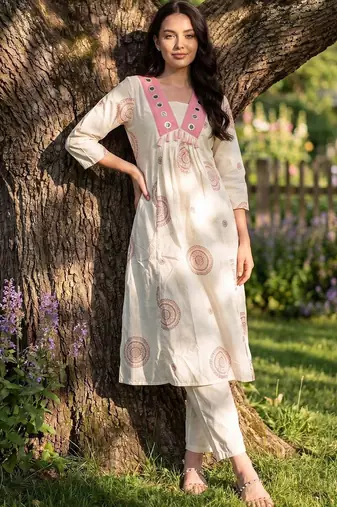 Women Ethnic Motifs Printed Regular Mirror Work  Cotton Kurta with Trousers
