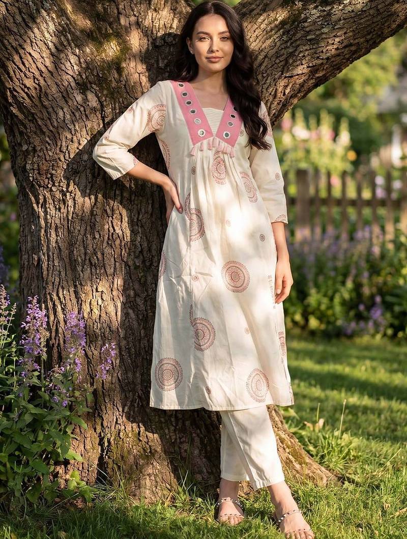 Women Ethnic Motifs Printed Regular Mirror Work  Cotton Kurta with Trousers