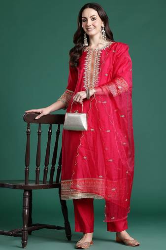 Ethnic Motifs Embroidered Kurta with Trousers & With Dupatta