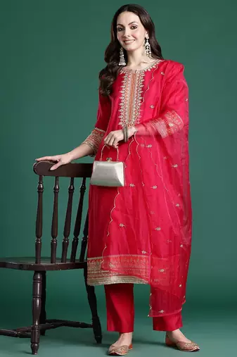 Ethnic Motifs Embroidered Kurta with Trousers & With Dupatta