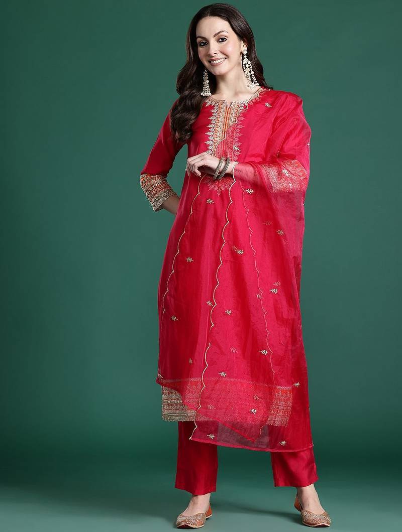 Ethnic Motifs Embroidered Kurta with Trousers & With Dupatta