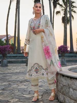 Floral Embroidered Round Neck  Cotton Straight Kurta with Trousers & Dupatta 1