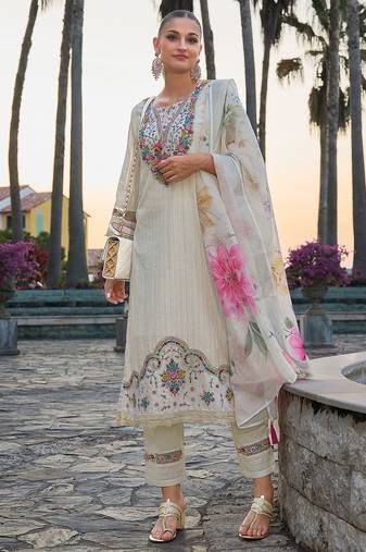 Floral Embroidered Round Neck Cotton Straight Kurta with Trousers & Dupatta